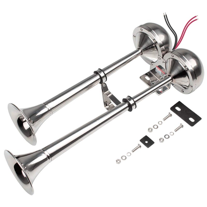 FARBIN 24V Marine Boat Horns,Stainless Steel Dual Trumpet,Electric Horn with Mounting Bracket,for 24v Cargo Boats Wheel Ship Train Lorry Trucks (Stainless steel double tube, 24V) - Image 1